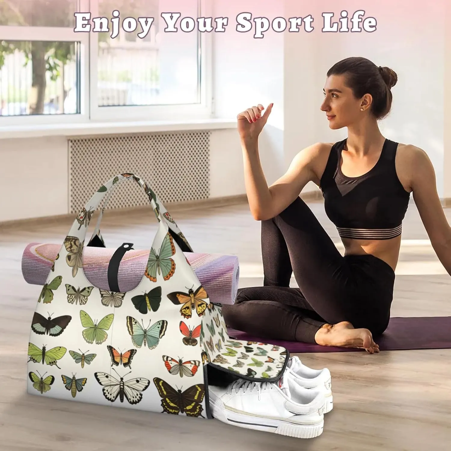 Butterflies Pattern Gym Bag Yoga Mat Tote for Women with Shoes Compartment Lightweight Duffle Travel Carrier Wet Dry Storage Pockets Adjustable Pilates Mats Shoulder Bags for Sport Swim