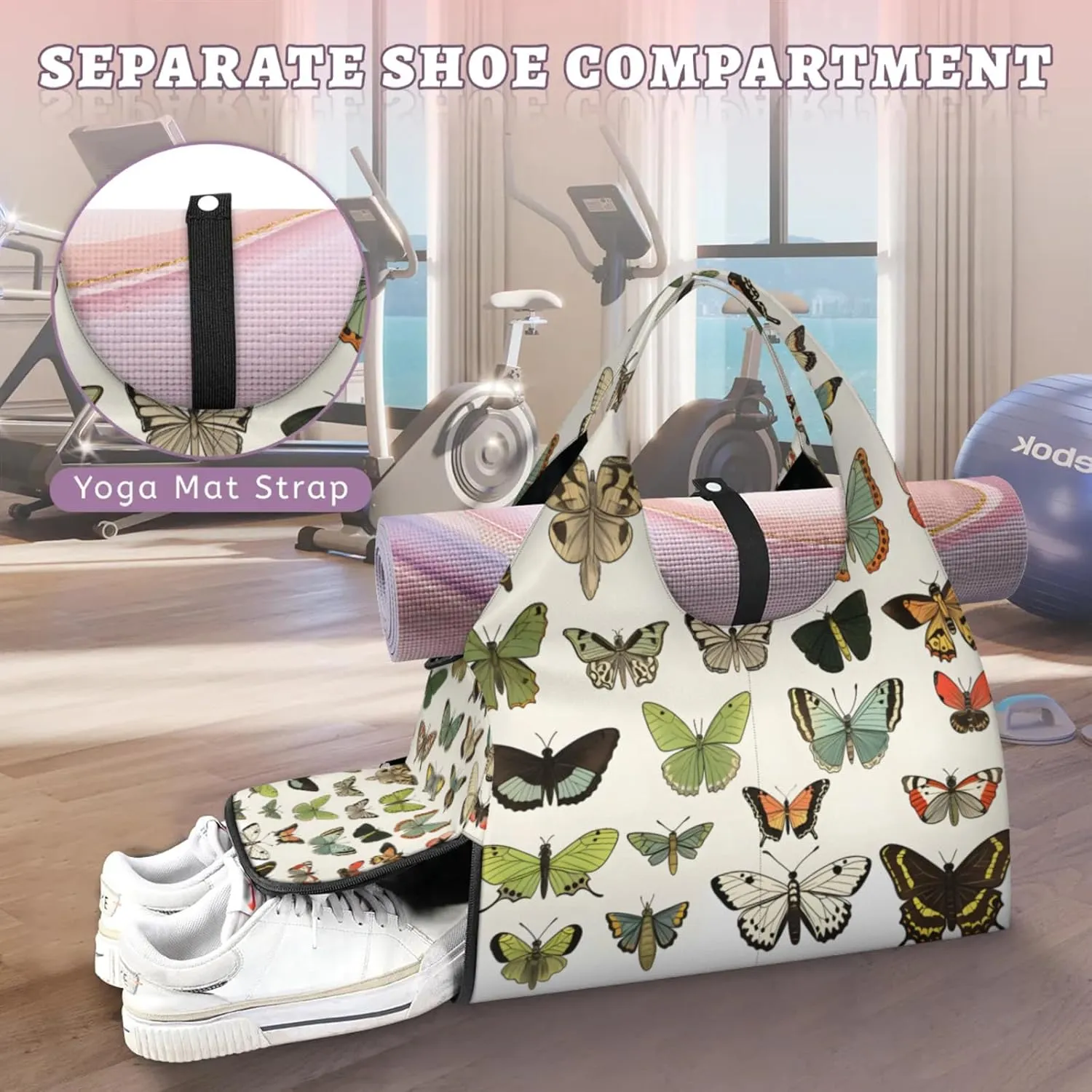 Butterflies Pattern Gym Bag Yoga Mat Tote for Women with Shoes Compartment Lightweight Duffle Travel Carrier Wet Dry Storage Pockets Adjustable Pilates Mats Shoulder Bags for Sport Swim