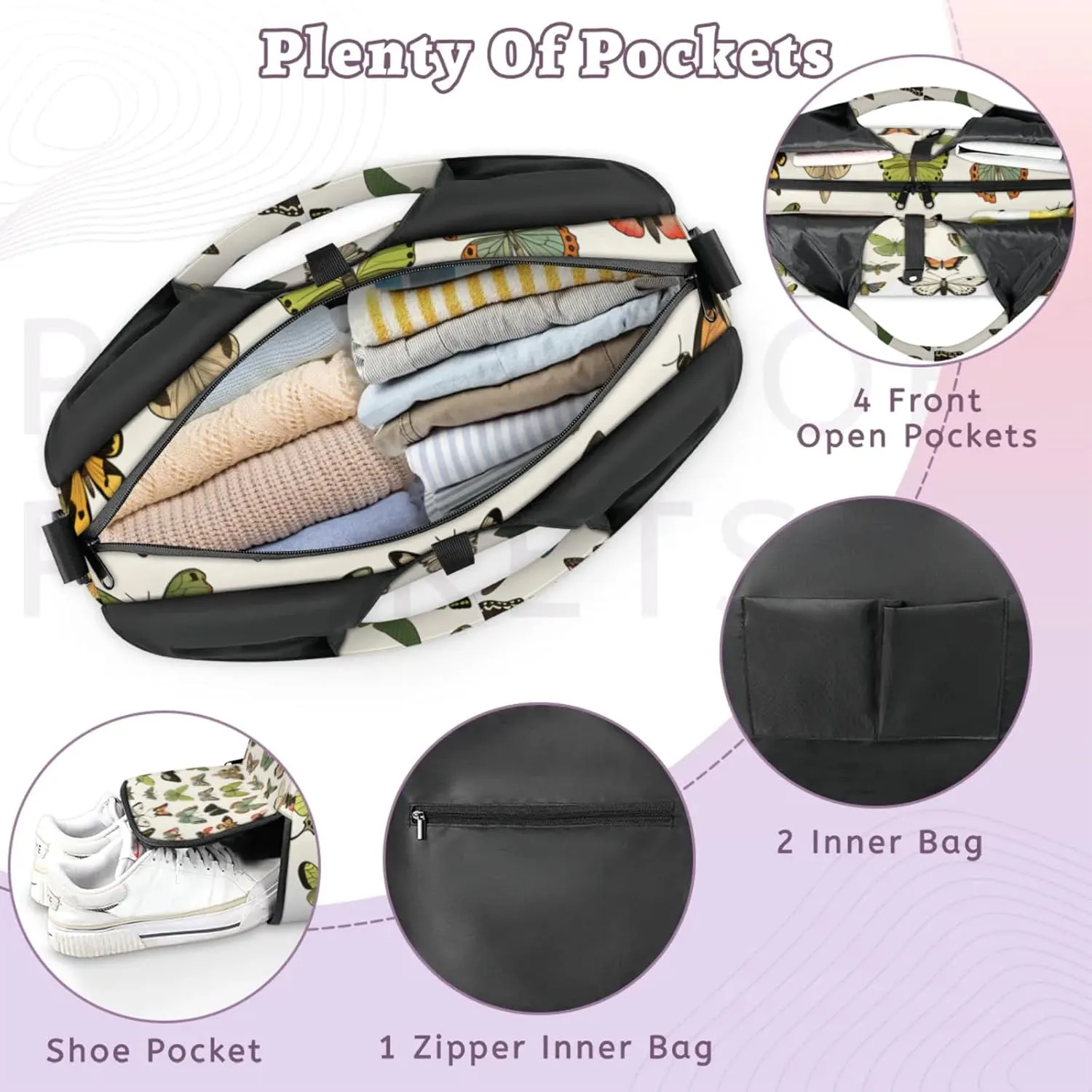 Butterflies Pattern Gym Bag Yoga Mat Tote for Women with Shoes Compartment Lightweight Duffle Travel Carrier Wet Dry Storage Pockets Adjustable Pilates Mats Shoulder Bags for Sport Swim