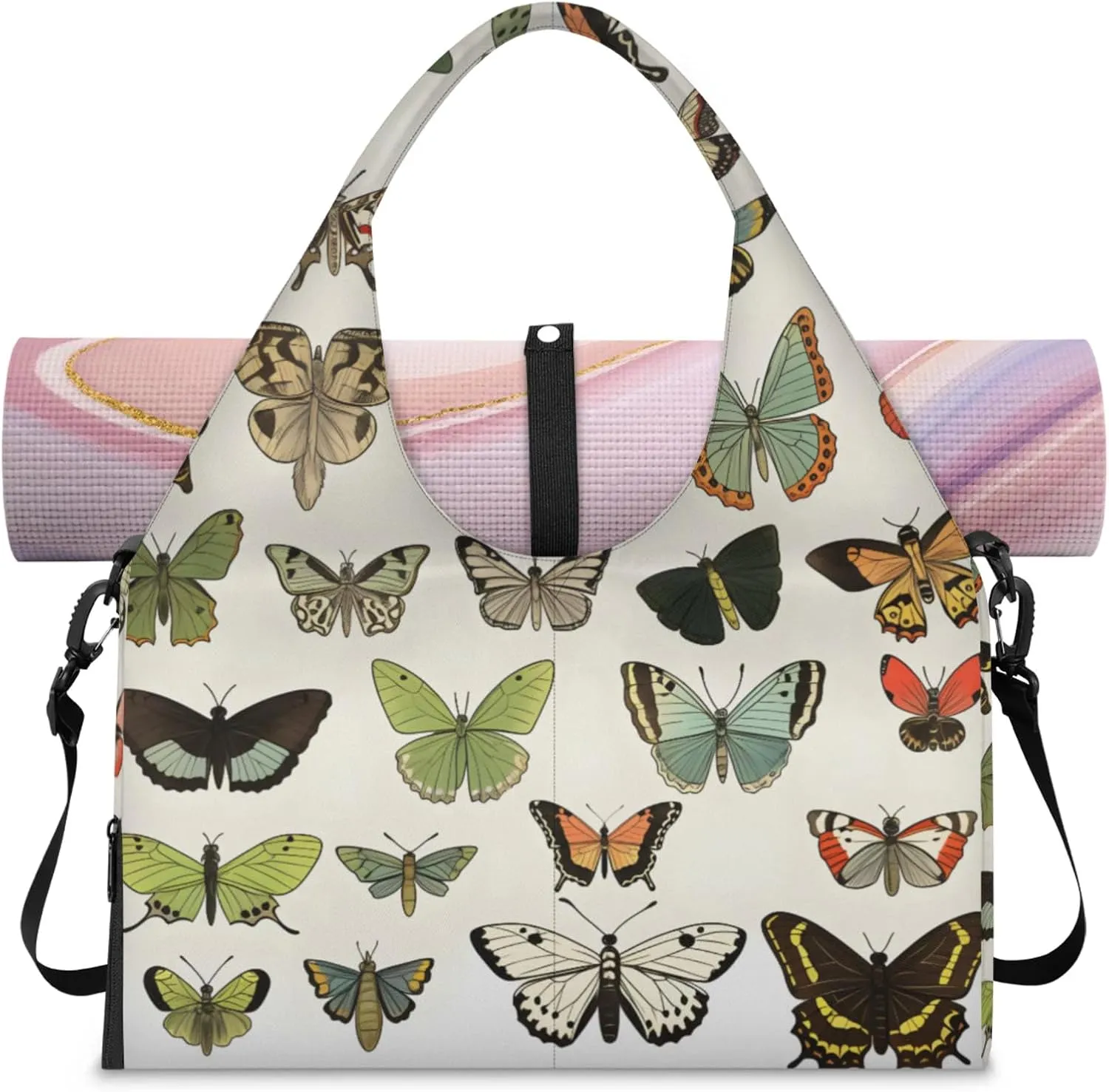 Butterflies Pattern Gym Bag Yoga Mat Tote for Women with Shoes Compartment Lightweight Duffle Travel Carrier Wet Dry Storage Pockets Adjustable Pilates Mats Shoulder Bags for Sport Swim