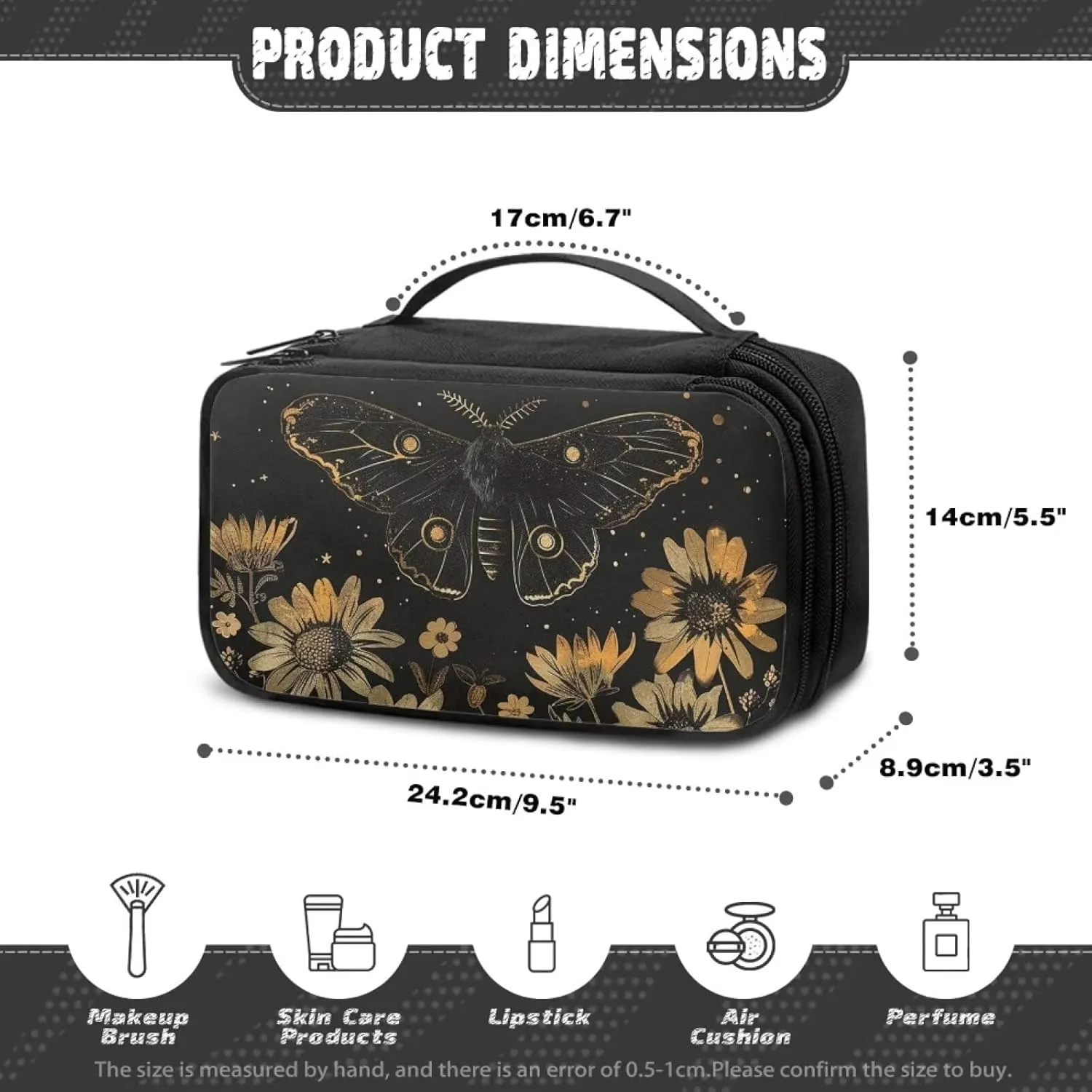Butterfly Cosmetic Bag Daisy Make Up Bags Travel Makeup Bag with Brush Slots Travel Toiletry Bag with Top Handle Cute Cosmetic Case for Teen Girls for Skin Care, Foundation, Eyeshadow