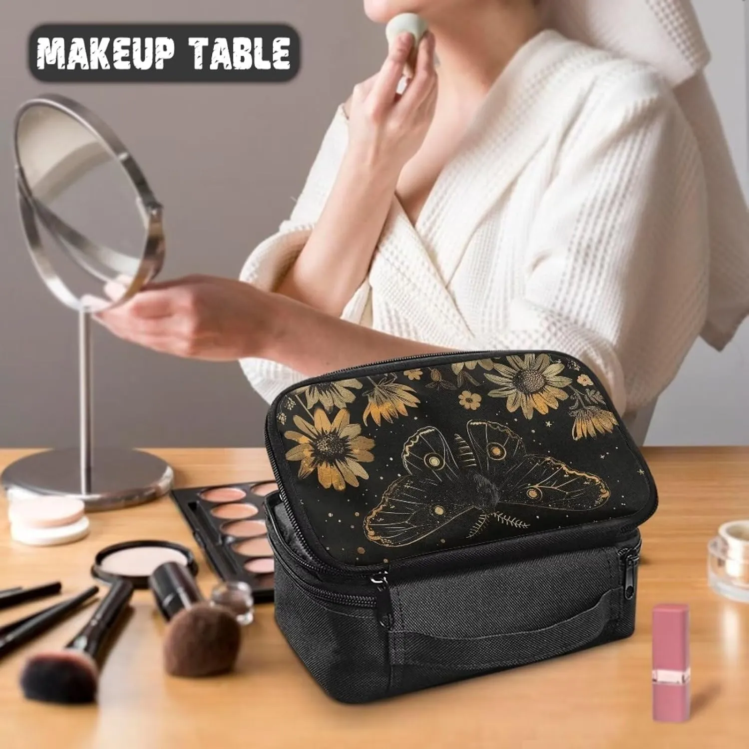 Butterfly Cosmetic Bag Daisy Make Up Bags Travel Makeup Bag with Brush Slots Travel Toiletry Bag with Top Handle Cute Cosmetic Case for Teen Girls for Skin Care, Foundation, Eyeshadow