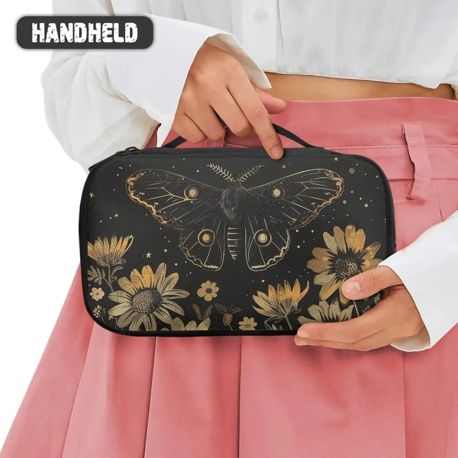 Butterfly Cosmetic Bag Daisy Make Up Bags Travel Makeup Bag with Brush Slots Travel Toiletry Bag with Top Handle Cute Cosmetic Case for Teen Girls for Skin Care, Foundation, Eyeshadow