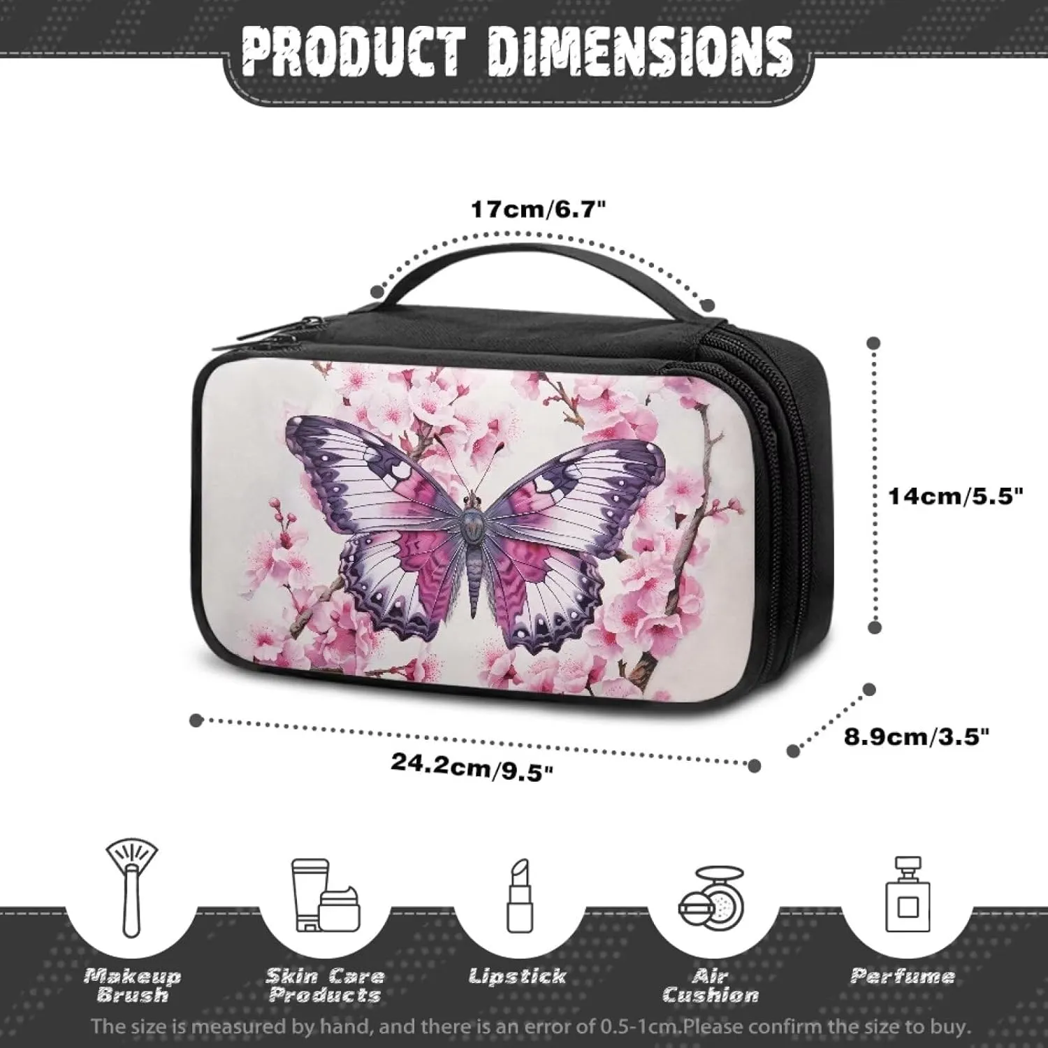 Butterfly Cosmetic Bags for Women Medium Size Soft Make Up Bag with Divider and Handle Portable Makeup Tote Bag Quilted Aesthetic Floral Toiletry Organizer Case Pouch