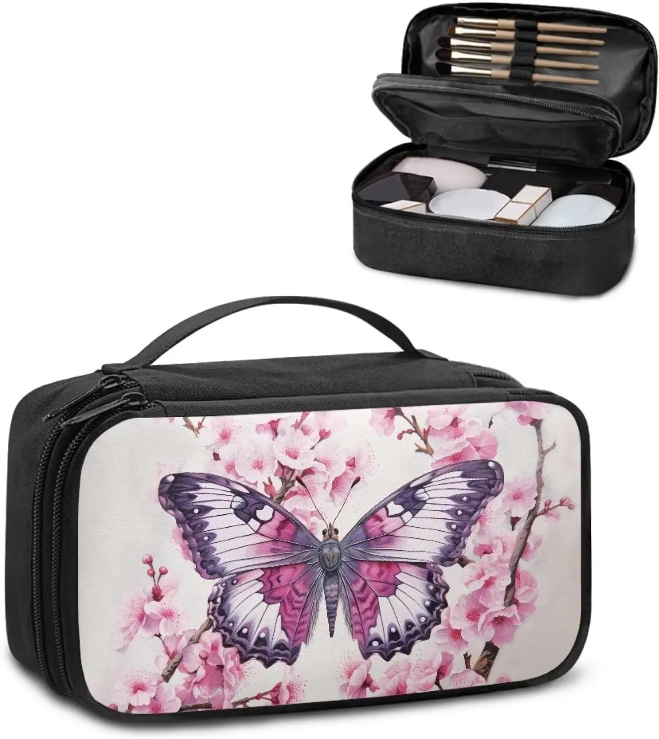 Butterfly Cosmetic Bags for Women Medium Size Soft Make Up Bag with Divider and Handle Portable Makeup Tote Bag Quilted Aesthetic Floral Toiletry Organizer Case Pouch