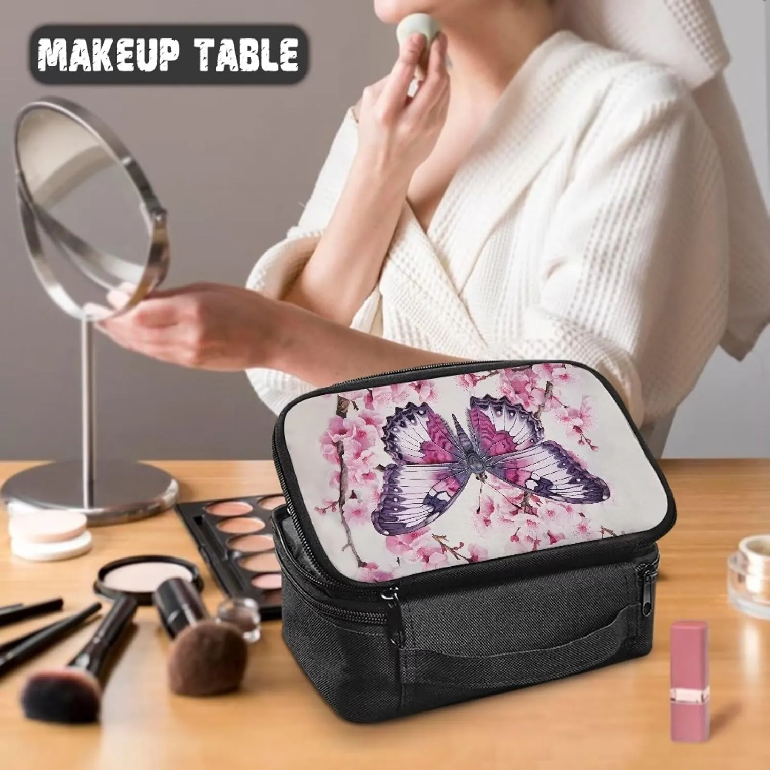 Butterfly Cosmetic Bags for Women Medium Size Soft Make Up Bag with Divider and Handle Portable Makeup Tote Bag Quilted Aesthetic Floral Toiletry Organizer Case Pouch