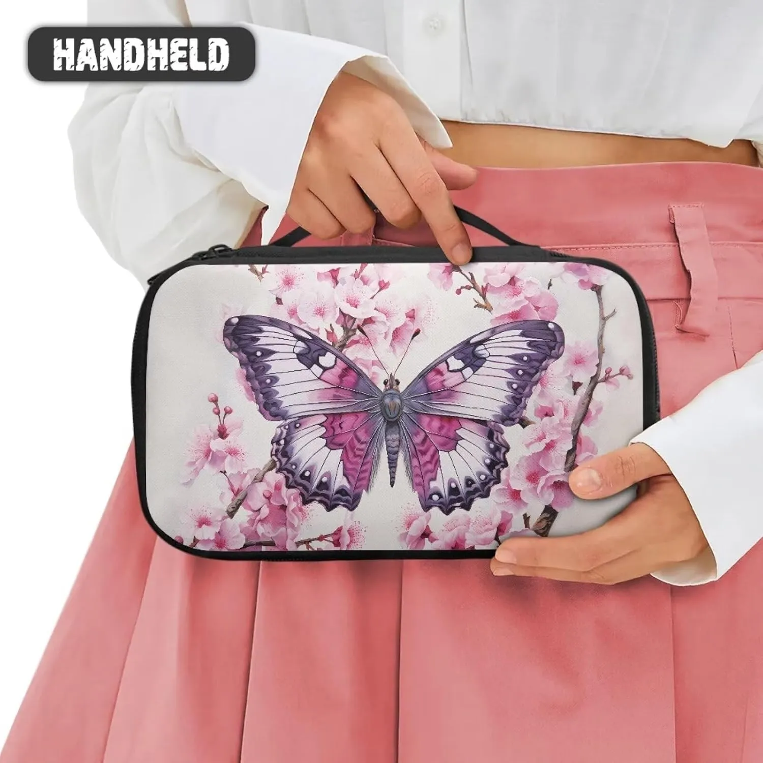 Butterfly Cosmetic Bags for Women Medium Size Soft Make Up Bag with Divider and Handle Portable Makeup Tote Bag Quilted Aesthetic Floral Toiletry Organizer Case Pouch