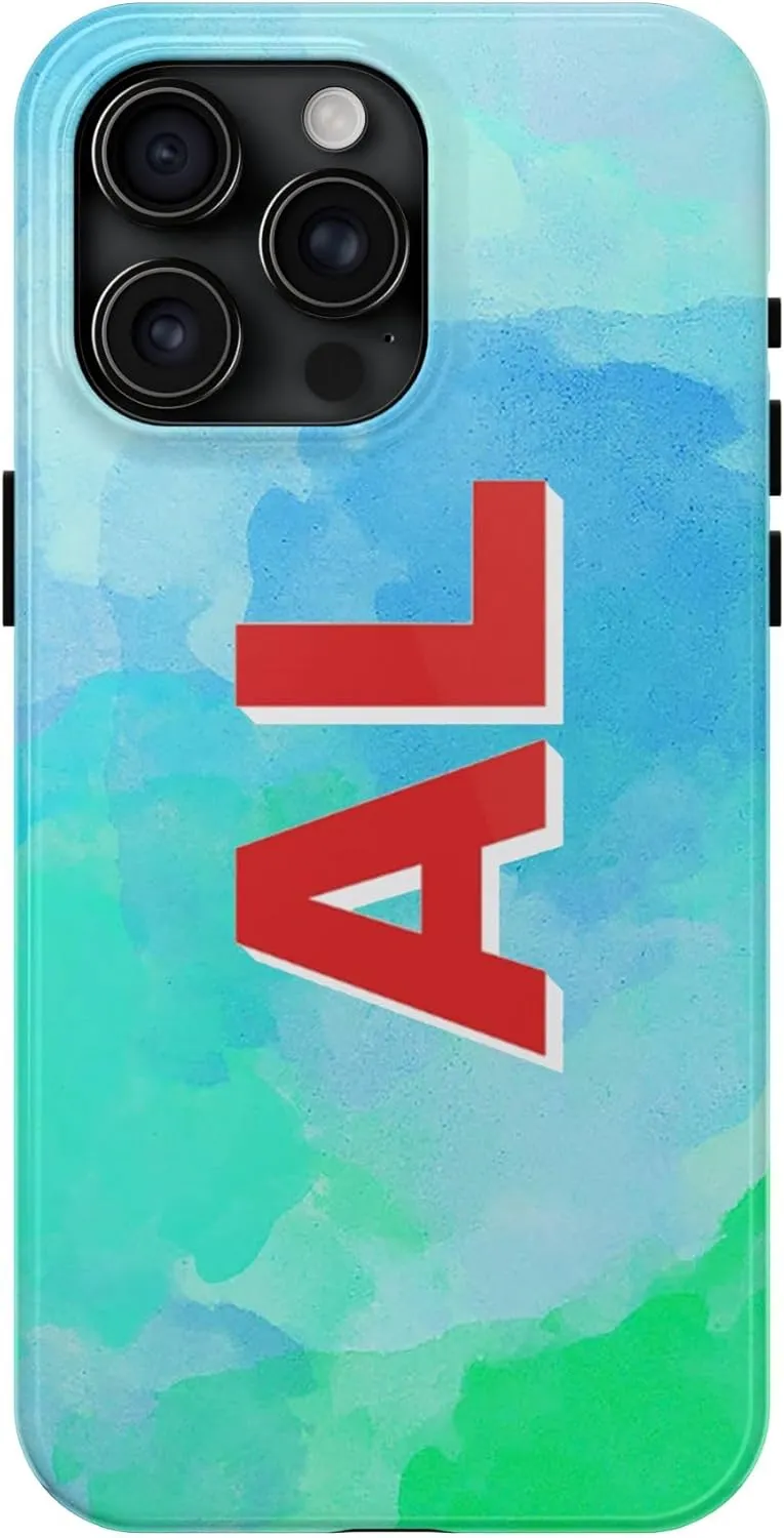 [Buy 1 Get 4] Custom Initials Name Tough Phone Case Cover iPhone 16 iPhone 8-15 Neom Green Blue Cloud Smoke Mable Monogram Asthetic Trendy Gift for Her Friend Daughter Girl Mom Christmas