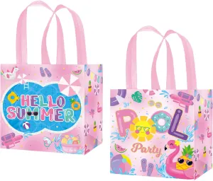 C L cooper life 12pcs Summer Pool Party Gift Treat Bags with Handles Pink Hello Summer Theme Non-Woven Bags for Girls Beach Pool Birthday Party Hawaii Luau Baby Shower Supplies