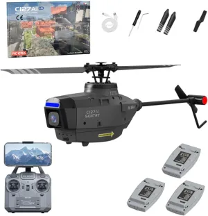 C127AI RC Helicopter Model with 1080P Camera, 2.4G RC 4CH Scout Drone Single-Rotor Brushless Remote Control Military Aircraft for Boys Adults, Optical Flow Positioning - RTF