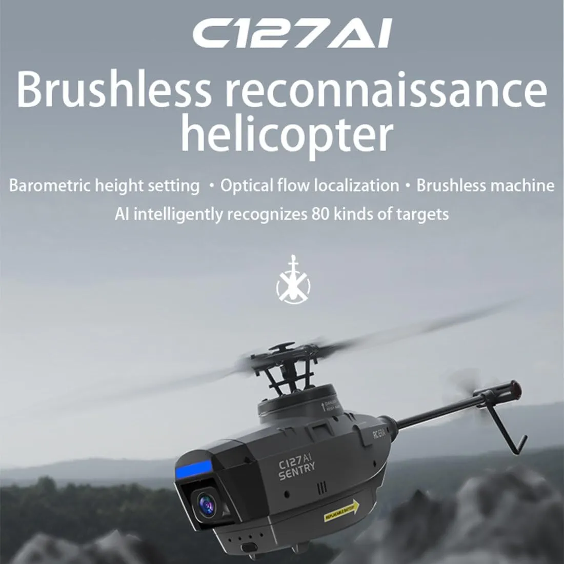 C127AI RC Helicopter Model with 1080P Camera, 2.4G RC 4CH Scout Drone Single-Rotor Brushless Remote Control Military Aircraft for Boys Adults, Optical Flow Positioning - RTF