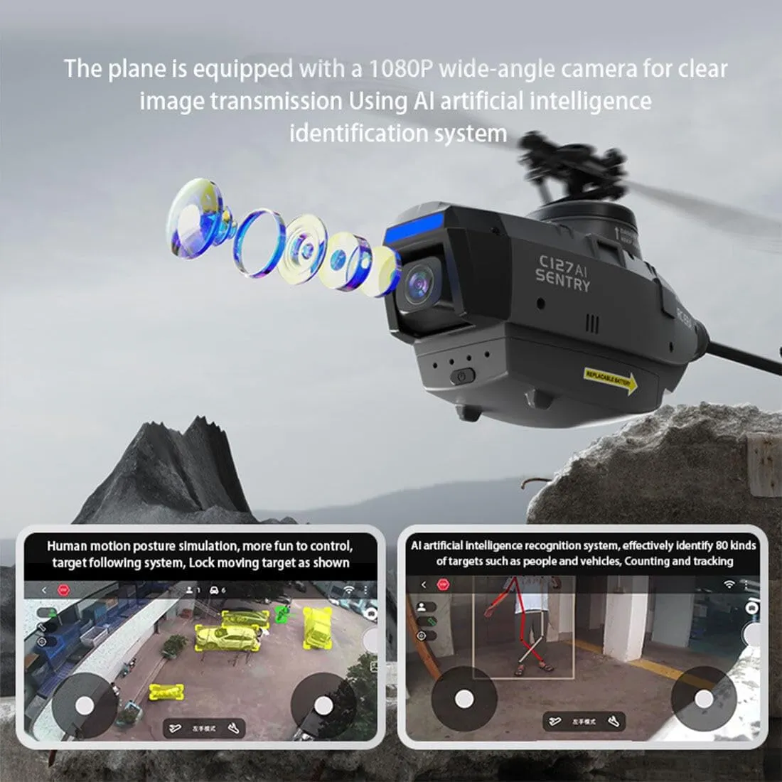 C127AI RC Helicopter Model with 1080P Camera, 2.4G RC 4CH Scout Drone Single-Rotor Brushless Remote Control Military Aircraft for Boys Adults, Optical Flow Positioning - RTF