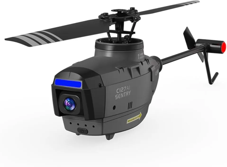 C127AI RC Helicopter Model with 1080P Camera, 2.4G RC 4CH Scout Drone Single-Rotor Brushless Remote Control Military Aircraft for Boys Adults, Optical Flow Positioning - RTF