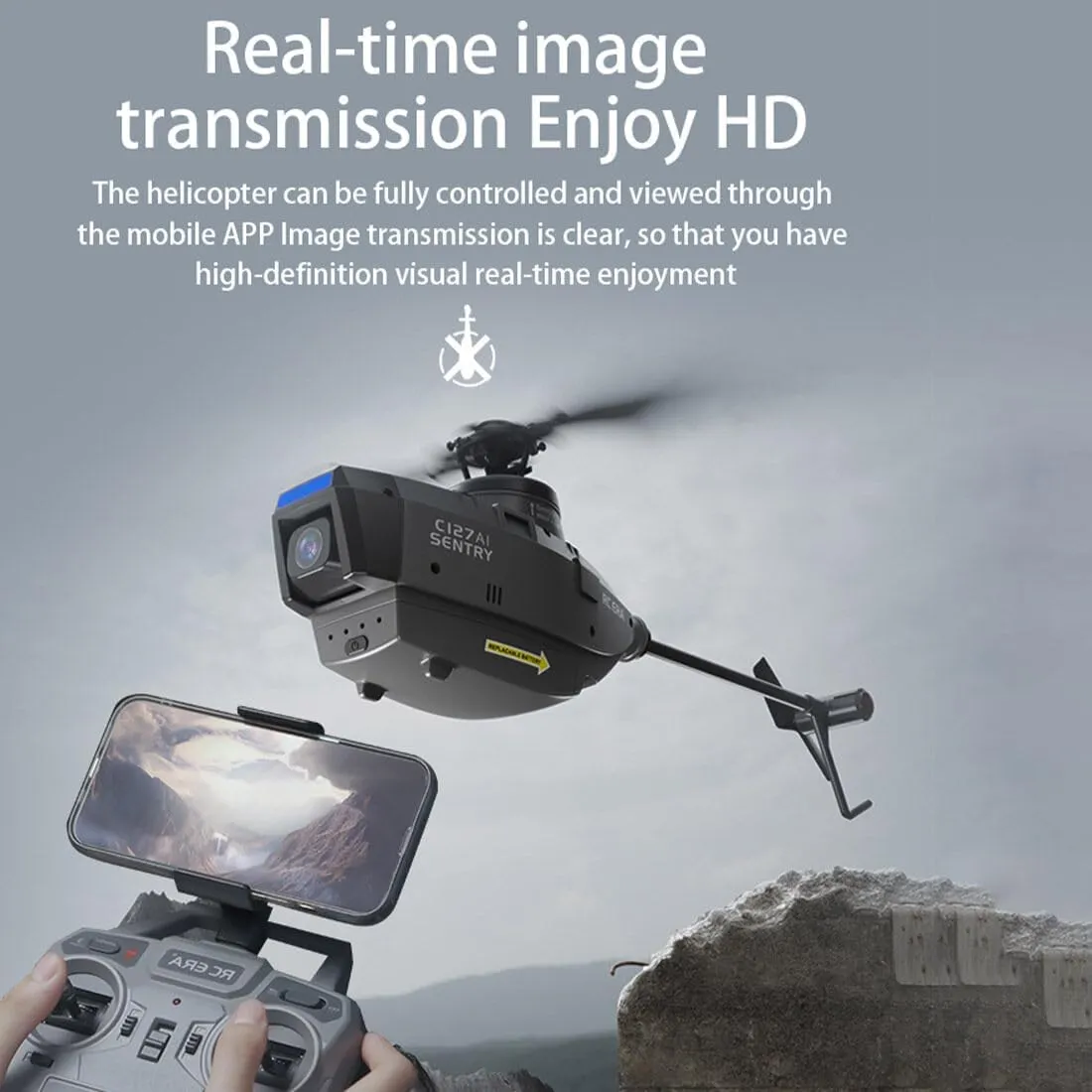 C127AI RC Helicopter Model with 1080P Camera, 2.4G RC 4CH Scout Drone Single-Rotor Brushless Remote Control Military Aircraft for Boys Adults, Optical Flow Positioning - RTF