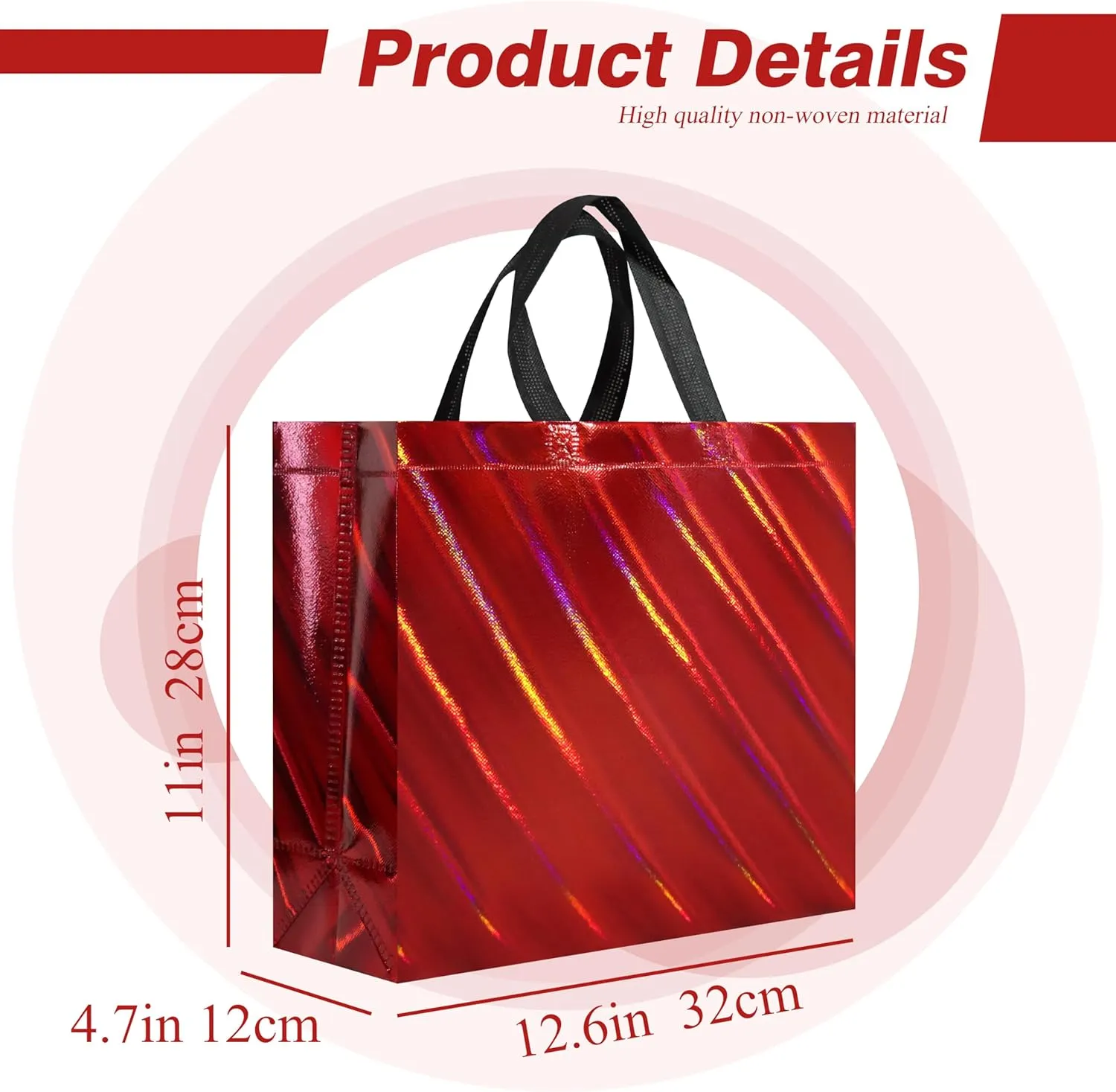 cabzymx 16 Pcs Unique Dazzling Red Reusable Gift Bags with Handles & Bases, Shiny Non-woven Holiday Goodie Bags Bulk for Birthday, Wedding, Party- 12.6x4.7x11 In