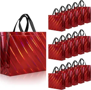 cabzymx 16 Pcs Unique Dazzling Red Reusable Gift Bags with Handles & Bases, Shiny Non-woven Holiday Goodie Bags Bulk for Birthday, Wedding, Party- 12.6x4.7x11 In