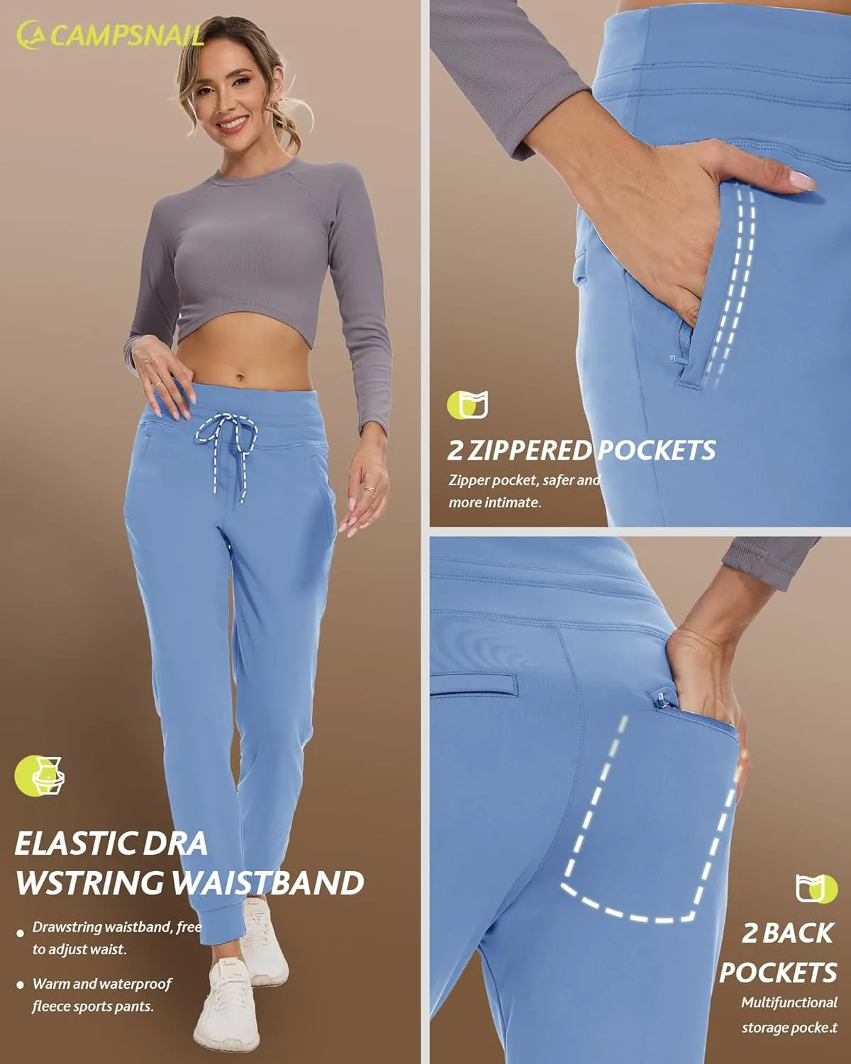 CAMPSNAIL Fleece Lined Joggers Women - Water Resistant Thermal Winter Sweatpants Running Hiking Yoga with Pockets