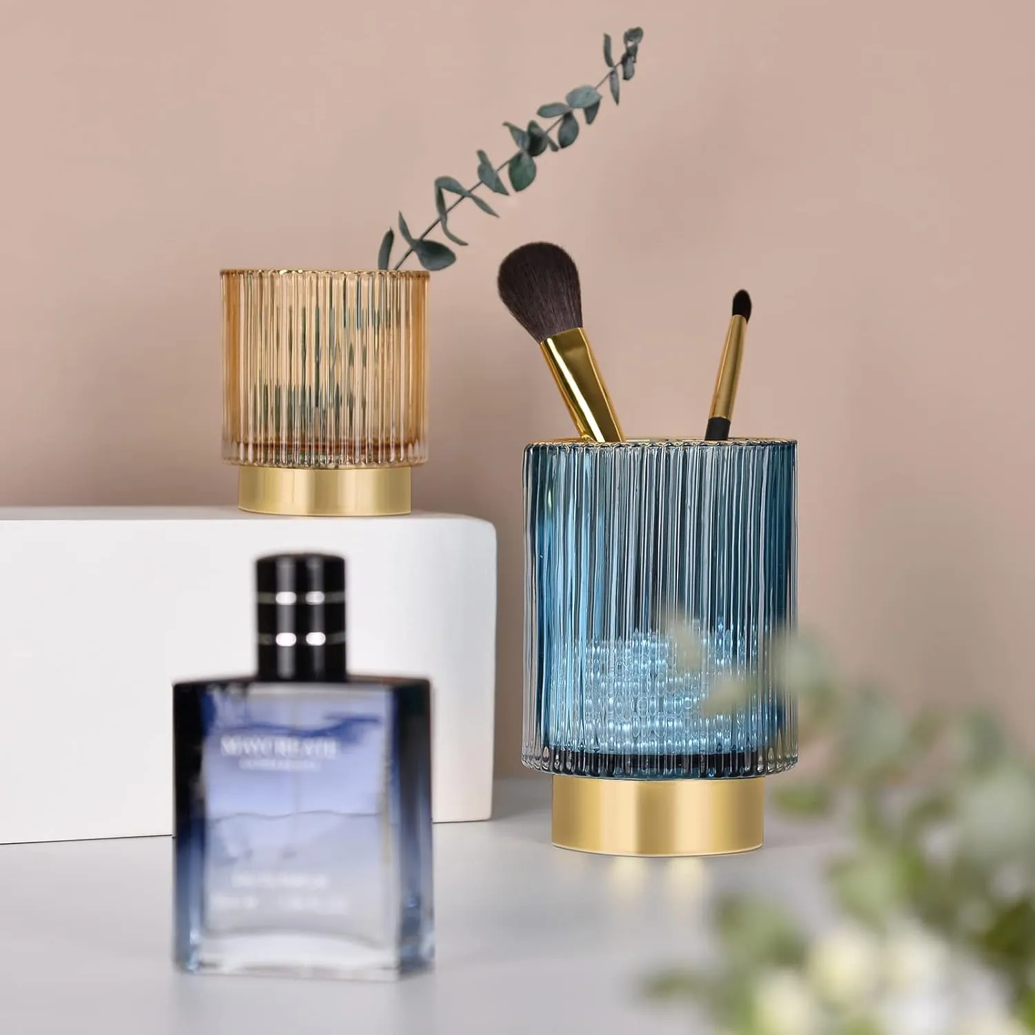 CANITORON Makeup Brush Holder,2 Pack Glass Makeup Brush Holder Organizer Store Cosmetic Tools,Eyeliner,Storage Organizer for Vanity,Bathroom and Bedroom Countertop Storage.(Amber S L)