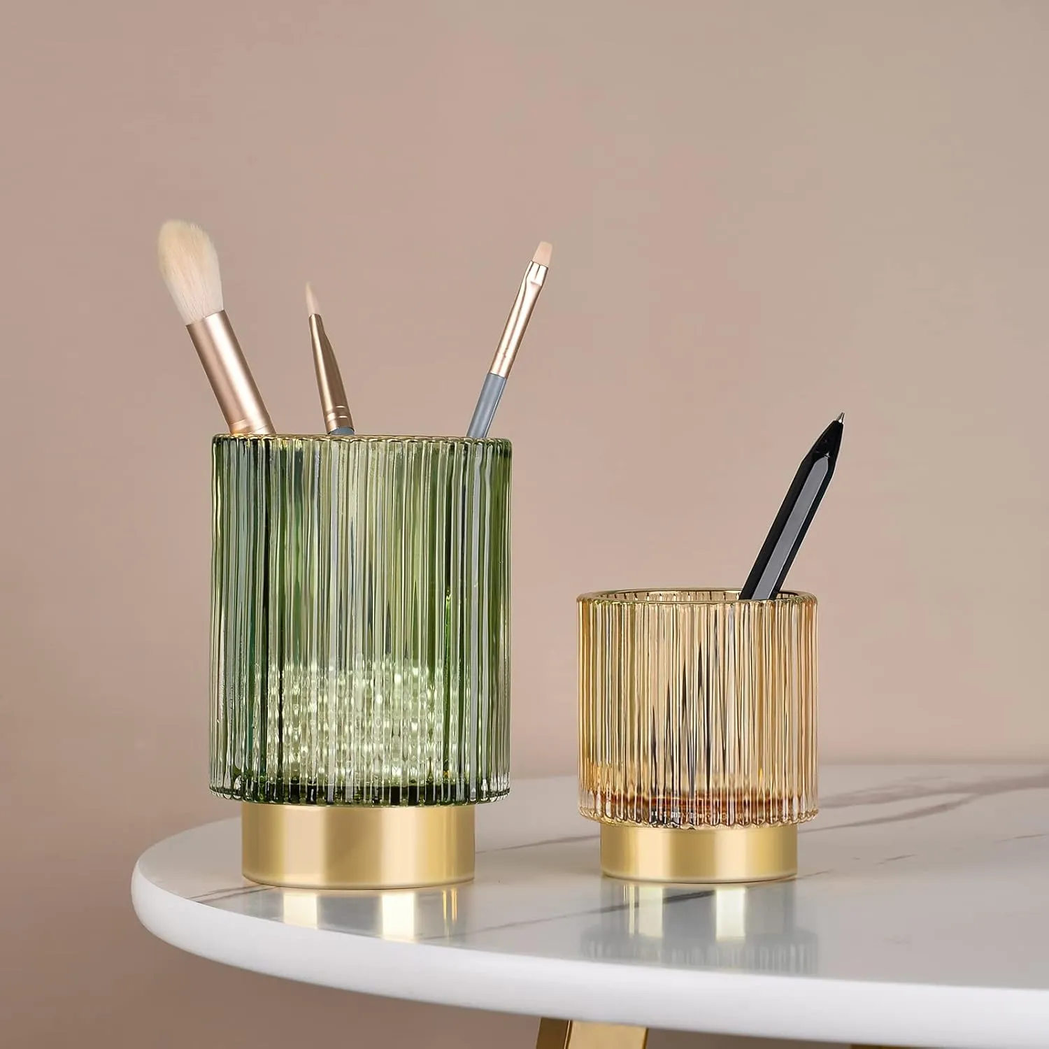 CANITORON Makeup Brush Holder,2 Pack Glass Makeup Brush Holder Organizer Store Cosmetic Tools,Eyeliner,Storage Organizer for Vanity,Bathroom and Bedroom Countertop Storage.(Amber S L)