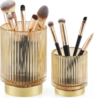 CANITORON Makeup Brush Holder,2 Pack Glass Makeup Brush Holder Organizer Store Cosmetic Tools,Eyeliner,Storage Organizer for Vanity,Bathroom and Bedroom Countertop Storage.(Amber S L)