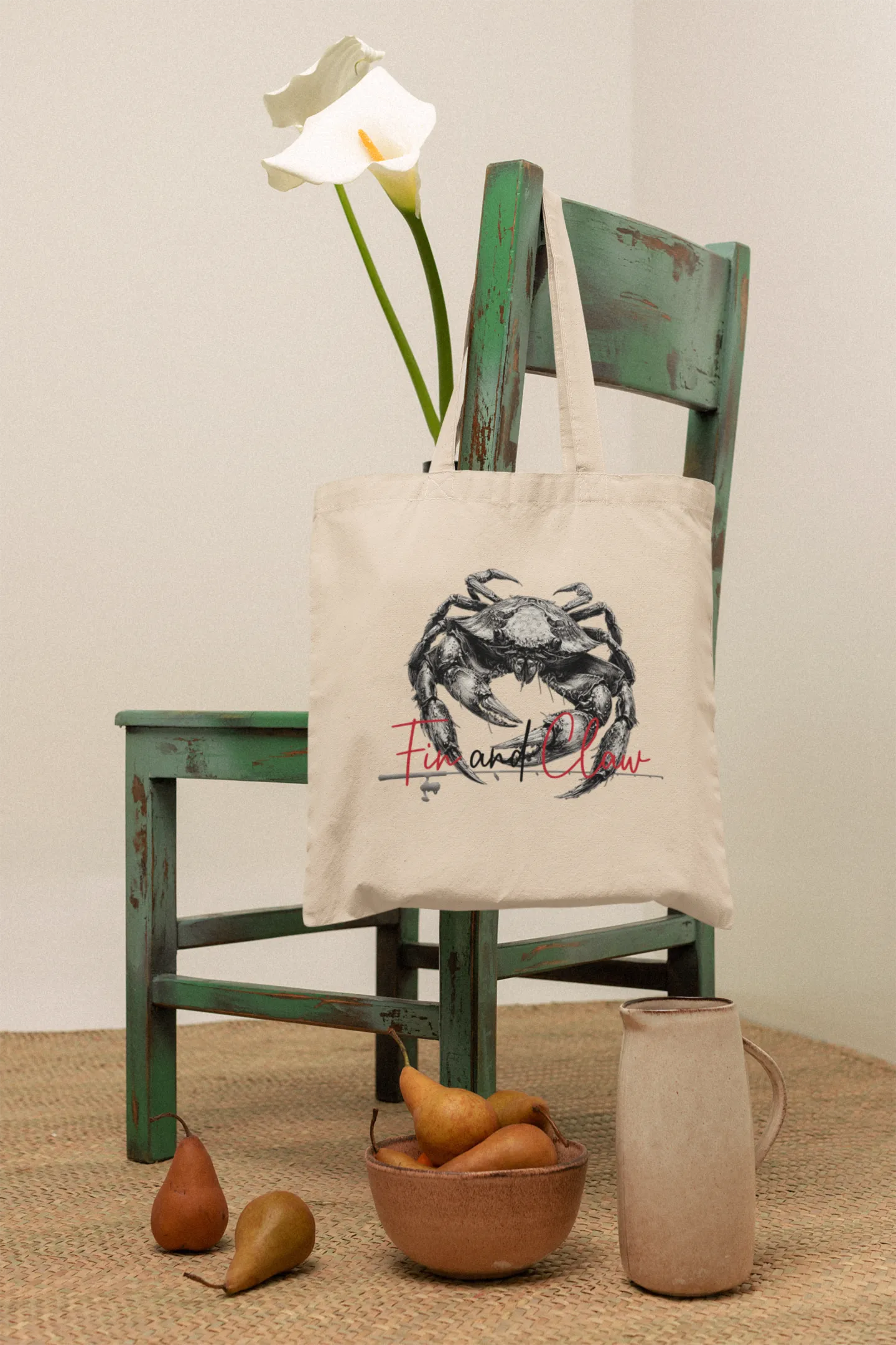 Canvas tote bag featuring the Fin and Claw Dungeness Crab design