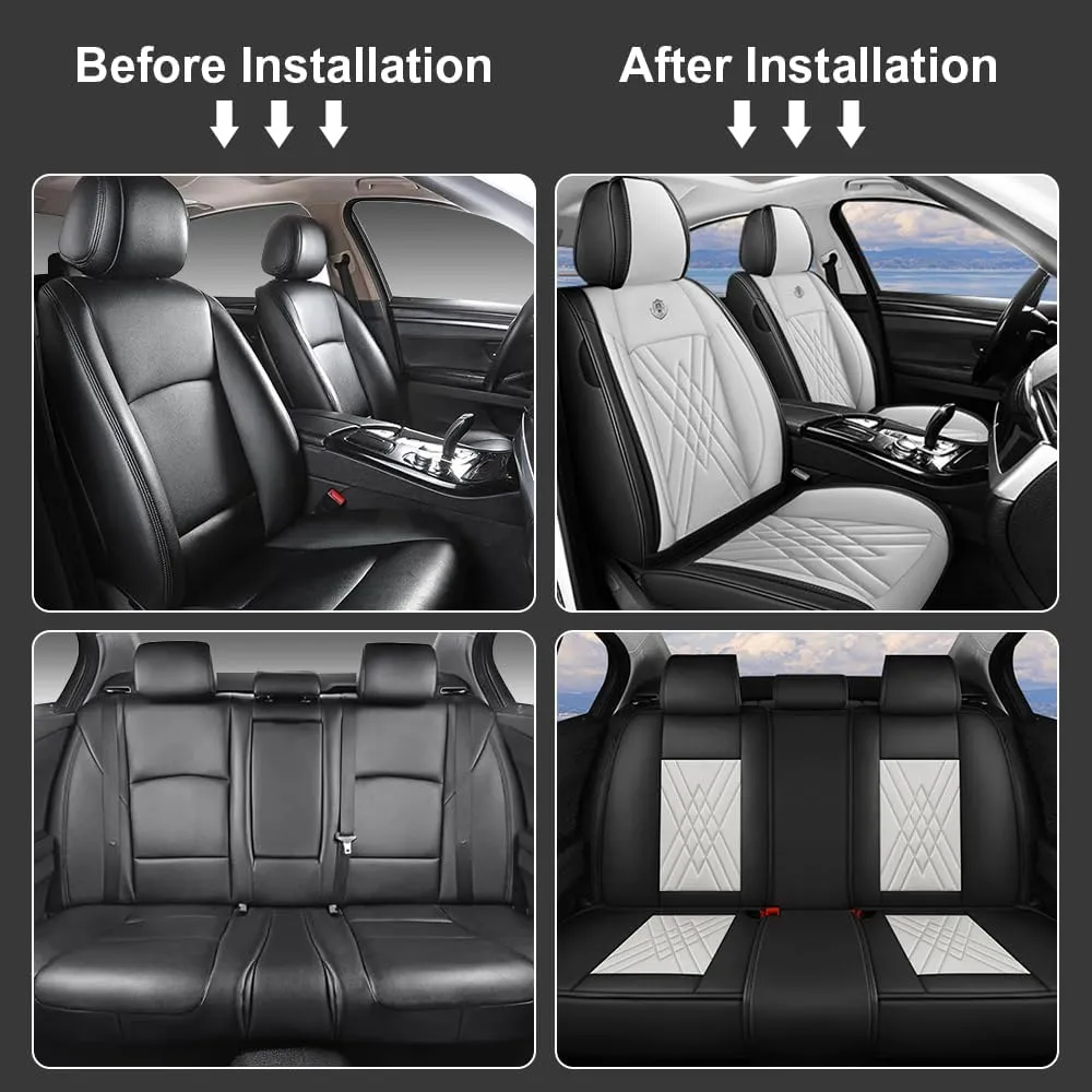 Car Seat Covers Fit for Hyundai Kona 2018-2025 Airbag Compatible 360° Full Wrapped Set Covers Premium Nappa Leather Storage Pocket Zipper Design, Black White, Full Set
