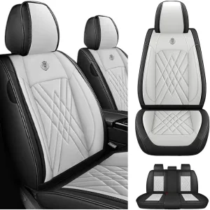 Car Seat Covers Fit for Hyundai Kona 2018-2025 Airbag Compatible 360° Full Wrapped Set Covers Premium Nappa Leather Storage Pocket Zipper Design, Black White, Full Set