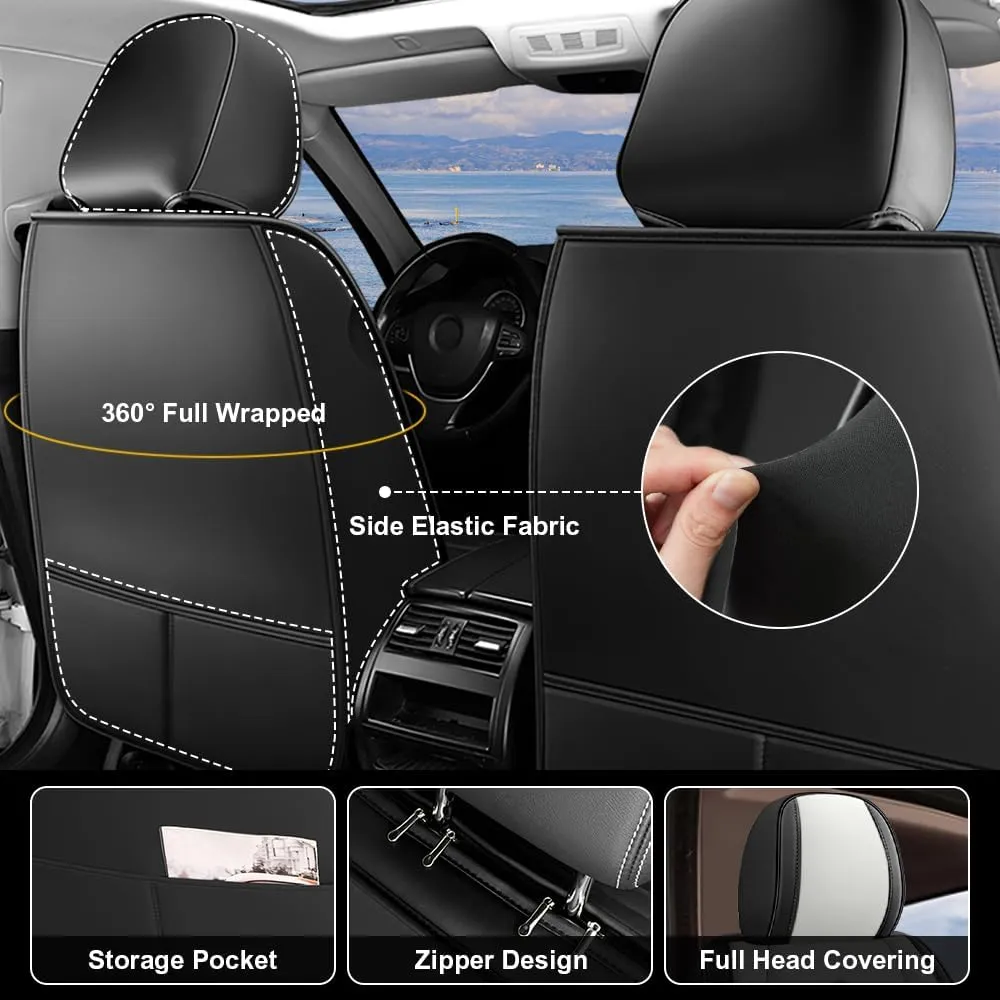 Car Seat Covers Fit for Hyundai Kona 2018-2025 Airbag Compatible 360° Full Wrapped Set Covers Premium Nappa Leather Storage Pocket Zipper Design, Black White, Full Set
