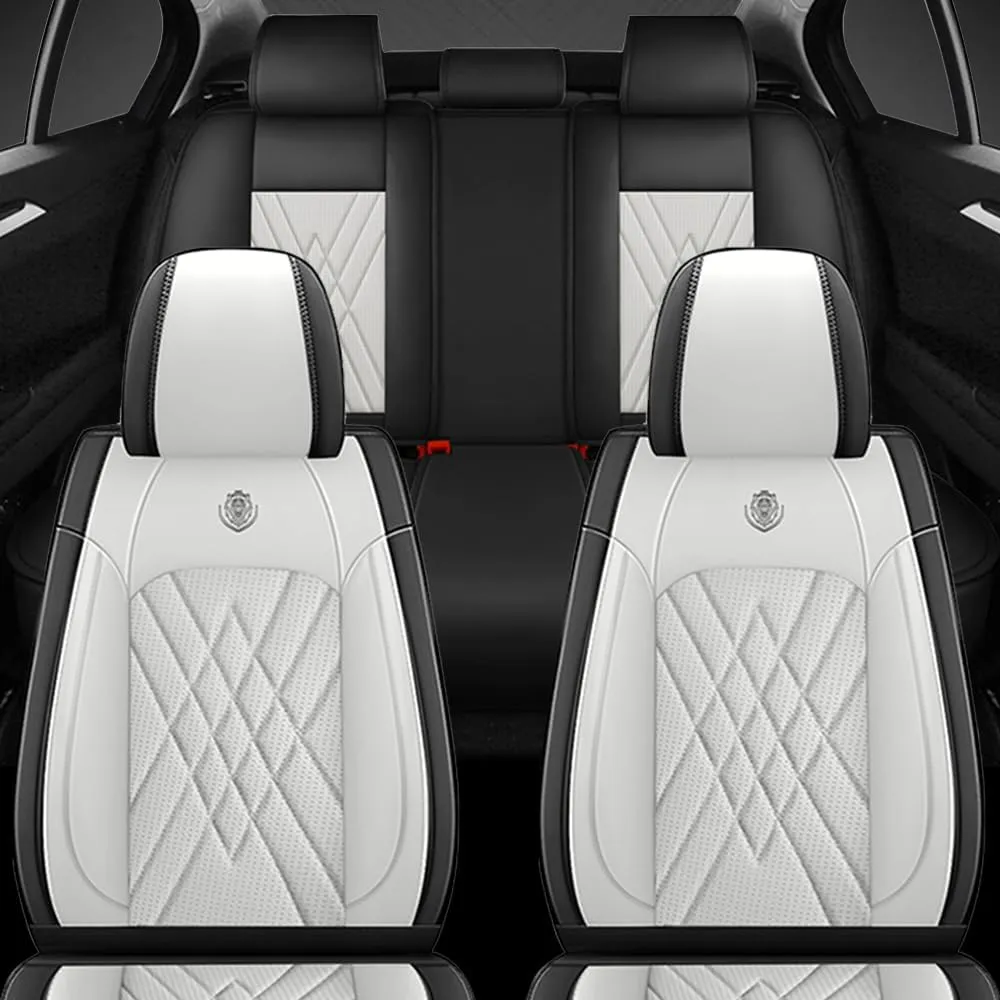 Car Seat Covers Fit for Hyundai Kona 2018-2025 Airbag Compatible 360° Full Wrapped Set Covers Premium Nappa Leather Storage Pocket Zipper Design, Black White, Full Set
