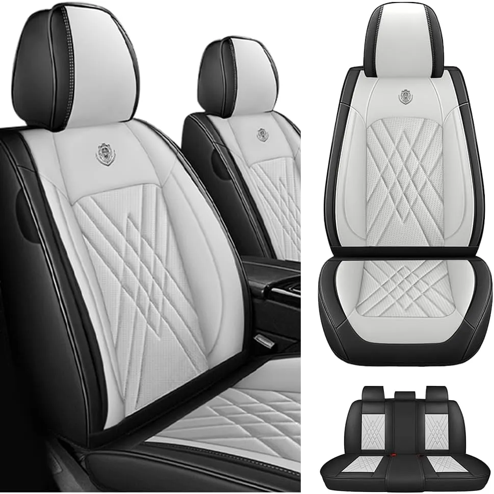 Car Seat Covers Fit for Hyundai Kona 2018-2025 Airbag Compatible 360° Full Wrapped Set Covers Premium Nappa Leather Storage Pocket Zipper Design, Black White, Full Set