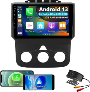 Car Stereo Radio for Dodge RAM 1500 2500 3500 2013 2014 2015 2016 2017 2018, Android 13 2G 64G Head Unit for Ram, 9 inch IPS Touch Screen Wireless CarPlay/Android Auto Bluetooth WiFi, Backup Camera