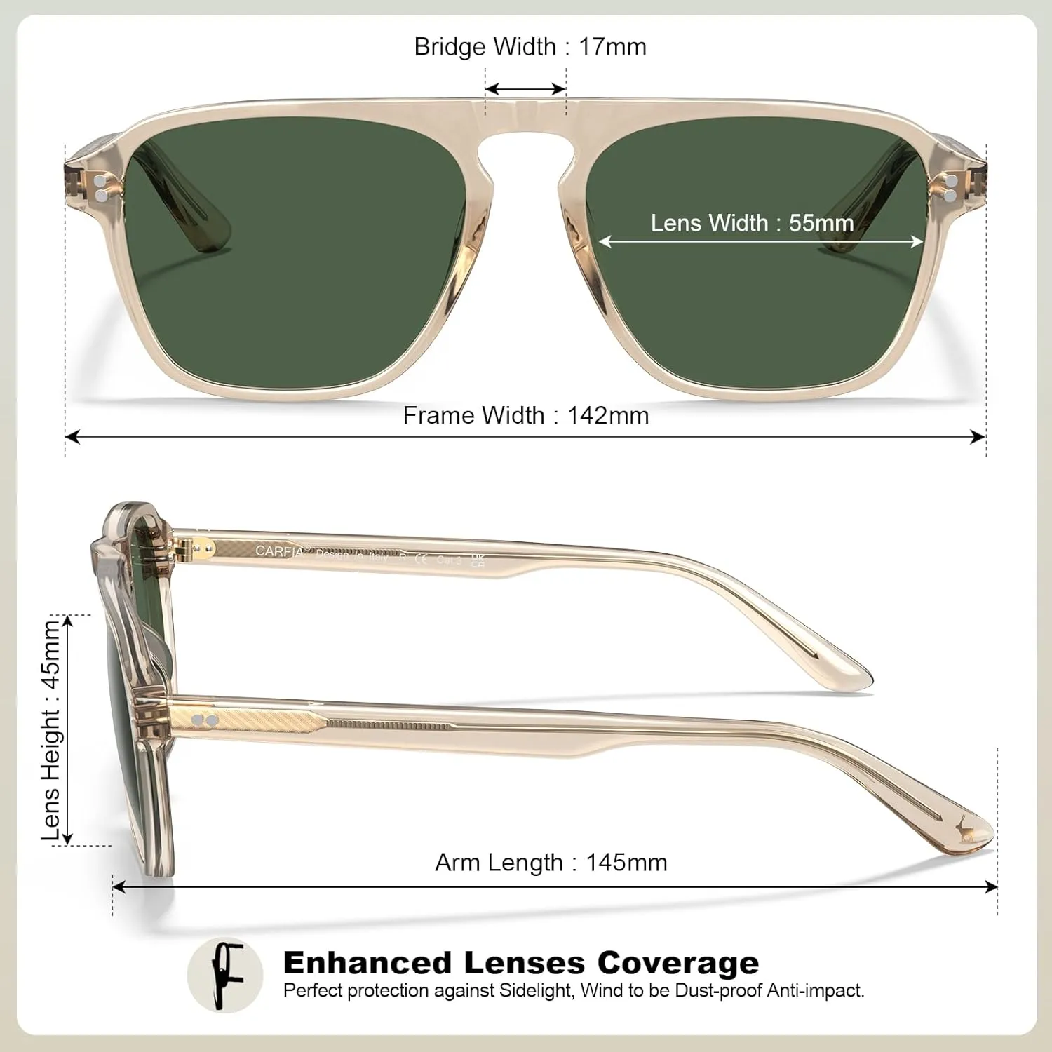 CARFIA Acetate Polarized Men's Sunglasses - Pilot Design, UV Protection CA5355