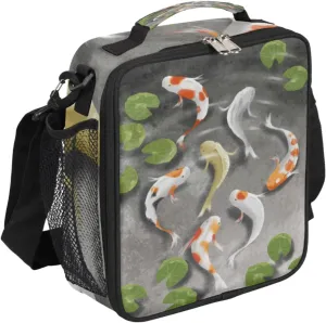 Carp In The Pond Illustration Lunch Bag With Shoulder Strap and Mesh PocketsCarp Fish Reusable Insulated Lunch box Cooler Bag for Women Men Office Outdoor Work Picnic
