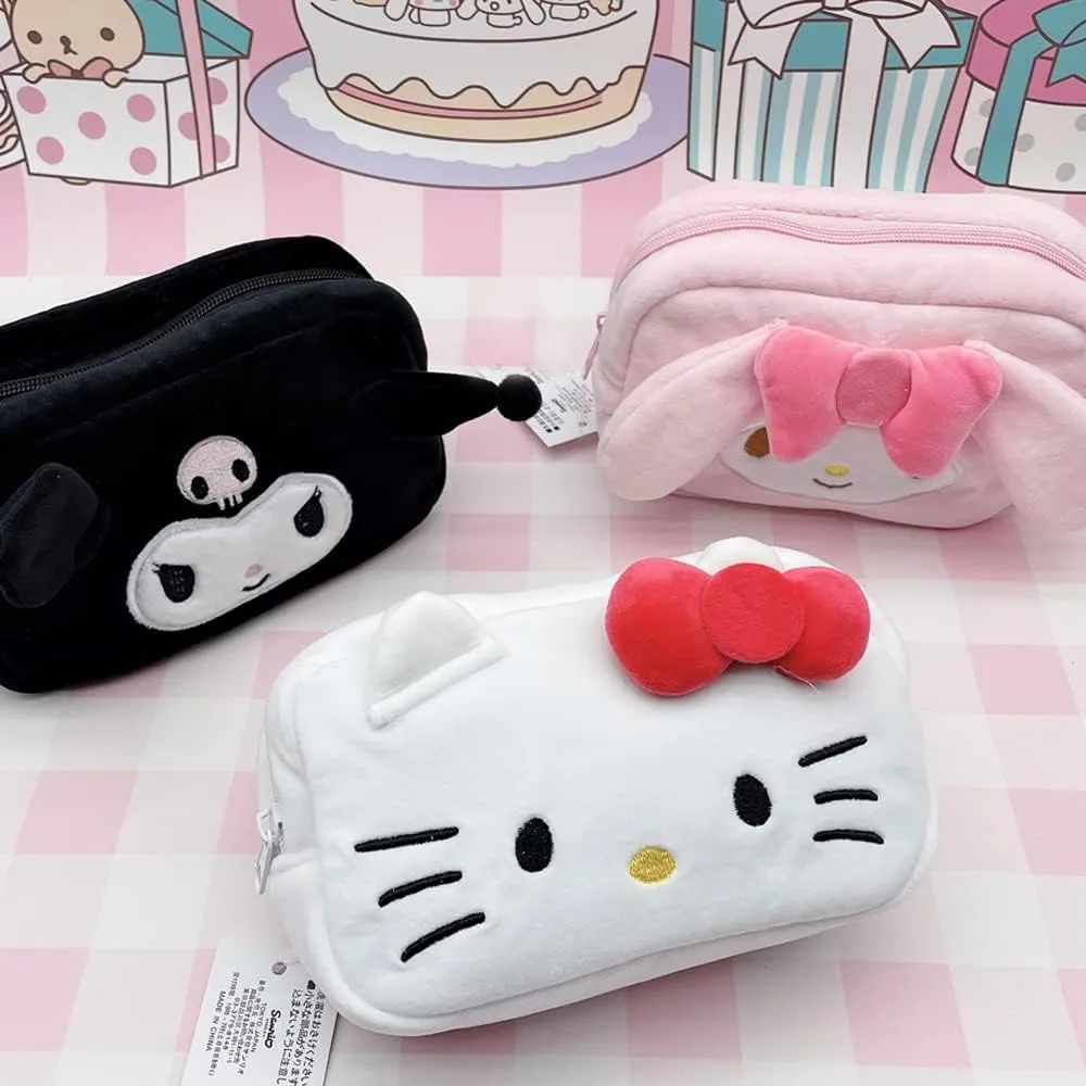 Cartoon Cosmetic Bag With Zipper,Kawaii Plush Makeup Bag,Cute Brush Organizer Toiletry Bag for Women Girls (Cat White)