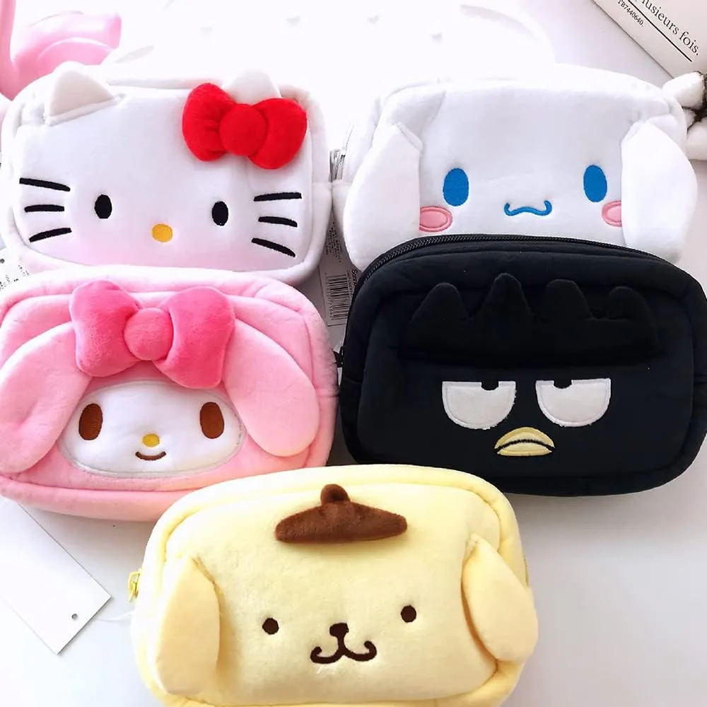 Cartoon Cosmetic Bag With Zipper,Kawaii Plush Makeup Bag,Cute Brush Organizer Toiletry Bag for Women Girls (Cat White)