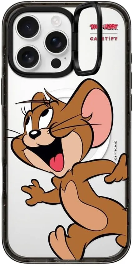 CASETiFY Impact Ring Stand Case for iPhone 16 Pro Max [Tom and Jerry Colab / 3X Military Grade Drop Tested / 6.6ft Drop Protection/Compatible with Magsafe] -Jerry Character - Clear Black