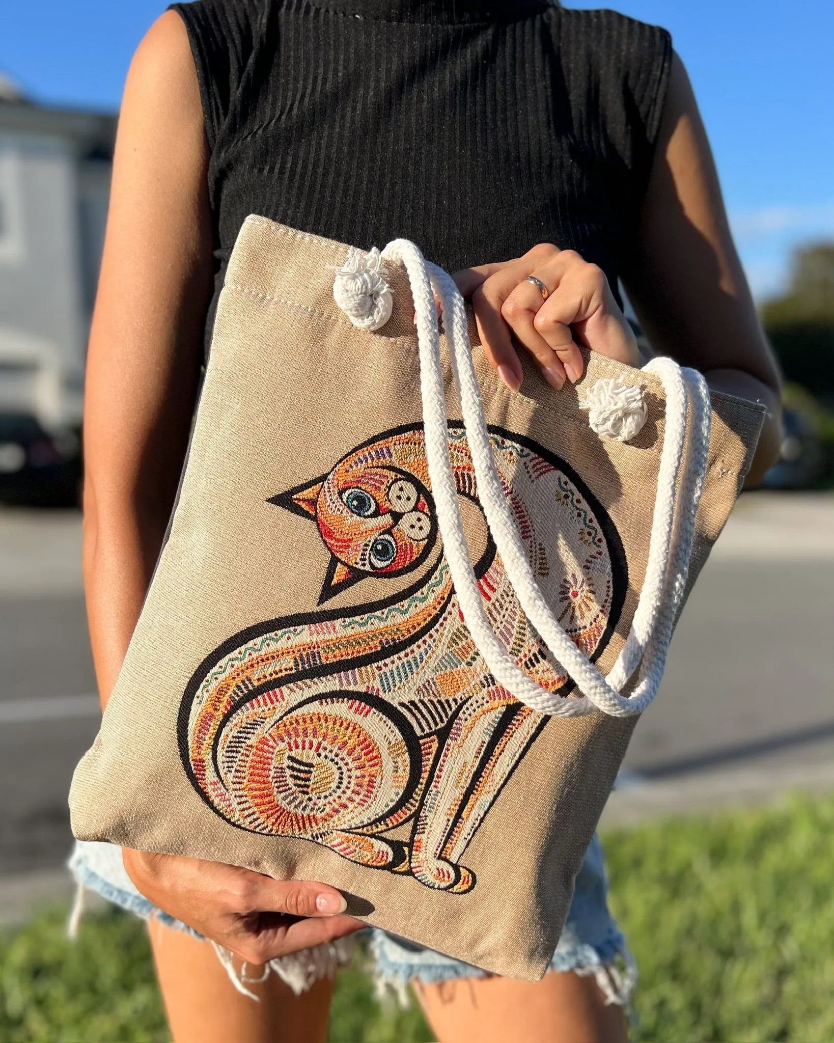 Cat Design Shoulder Bag, Woven Fabric Tote Bag