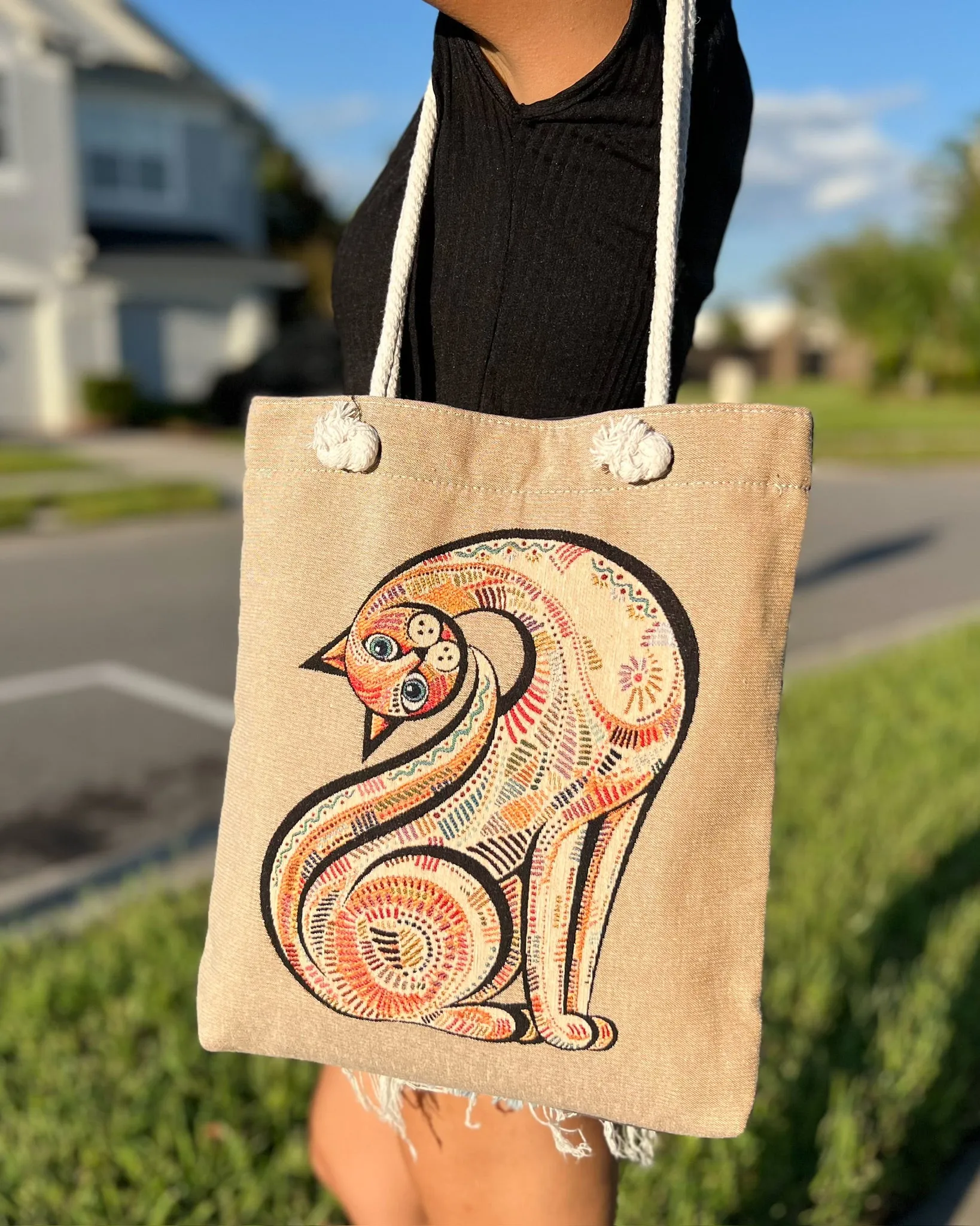 Cat Design Shoulder Bag, Woven Fabric Tote Bag