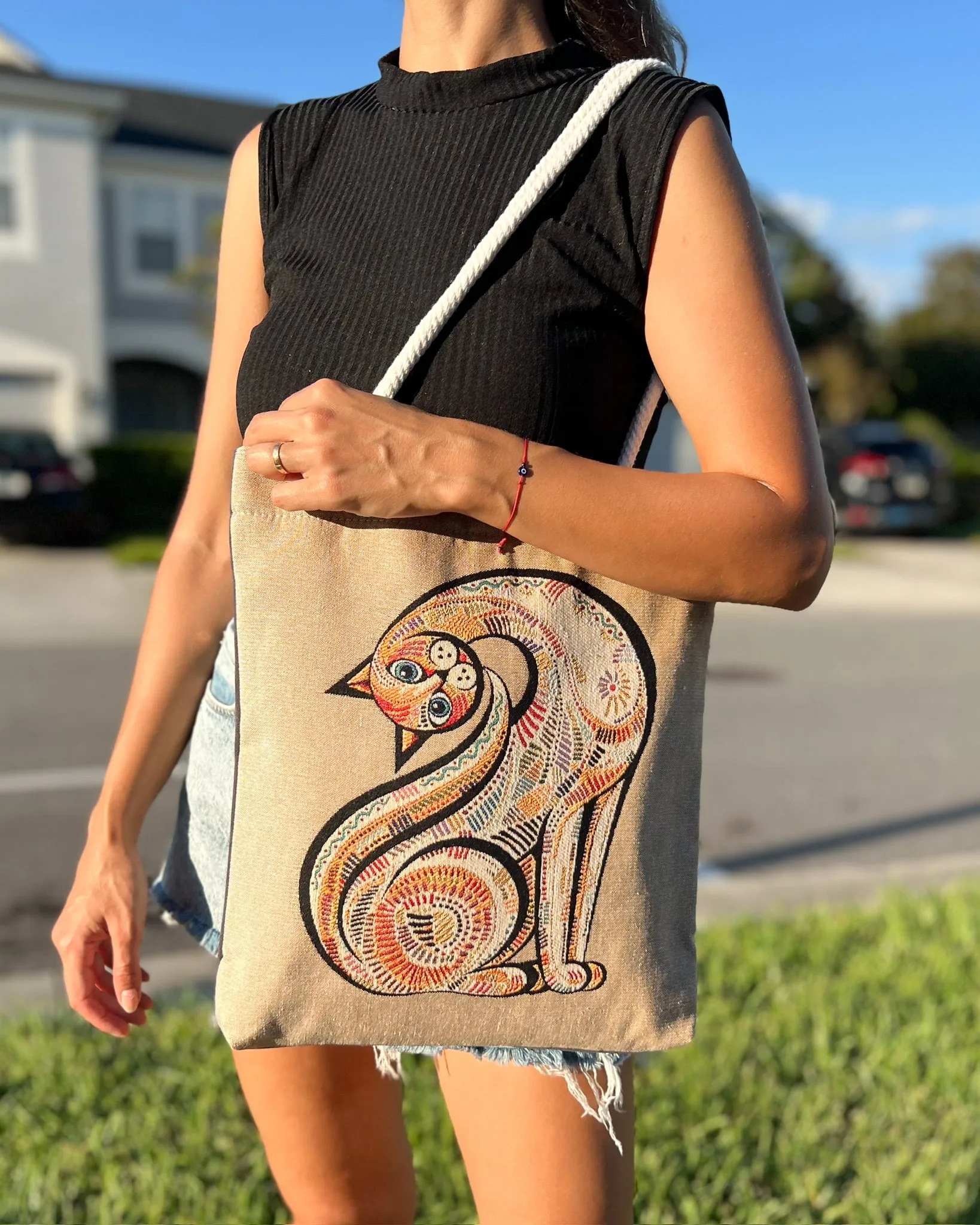 Cat Design Shoulder Bag, Woven Fabric Tote Bag