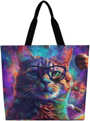 Cat Wearing Glasses Tote Bag Large Women Casual Shoulder Bag Reusable Grocery Bag Fasion Handbag for Office Shopping Travel