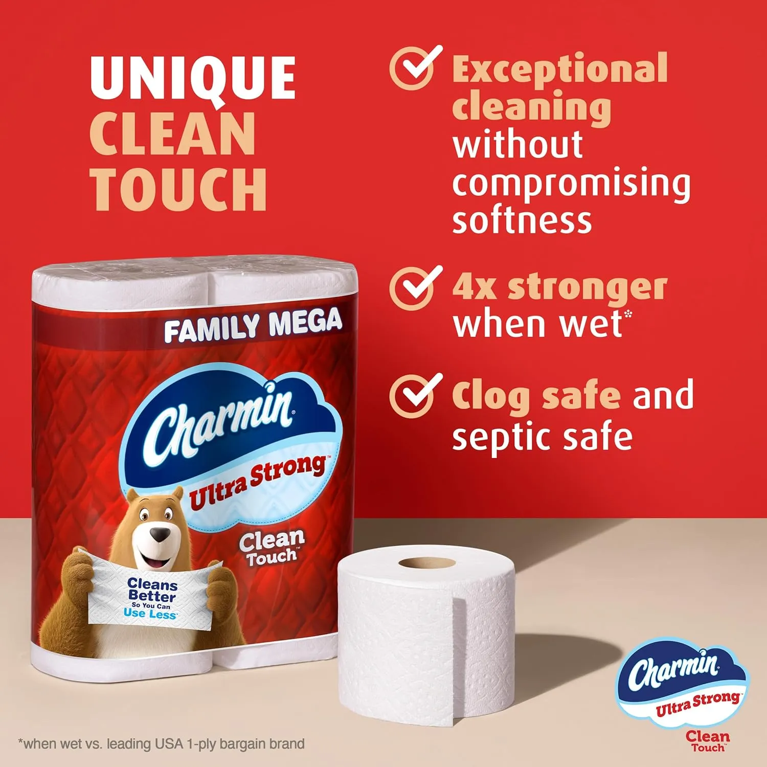 Charmin Ultra Strong Clean Touch Toilet Paper, 18 Family Mega Rolls = 90 Regular Rolls
