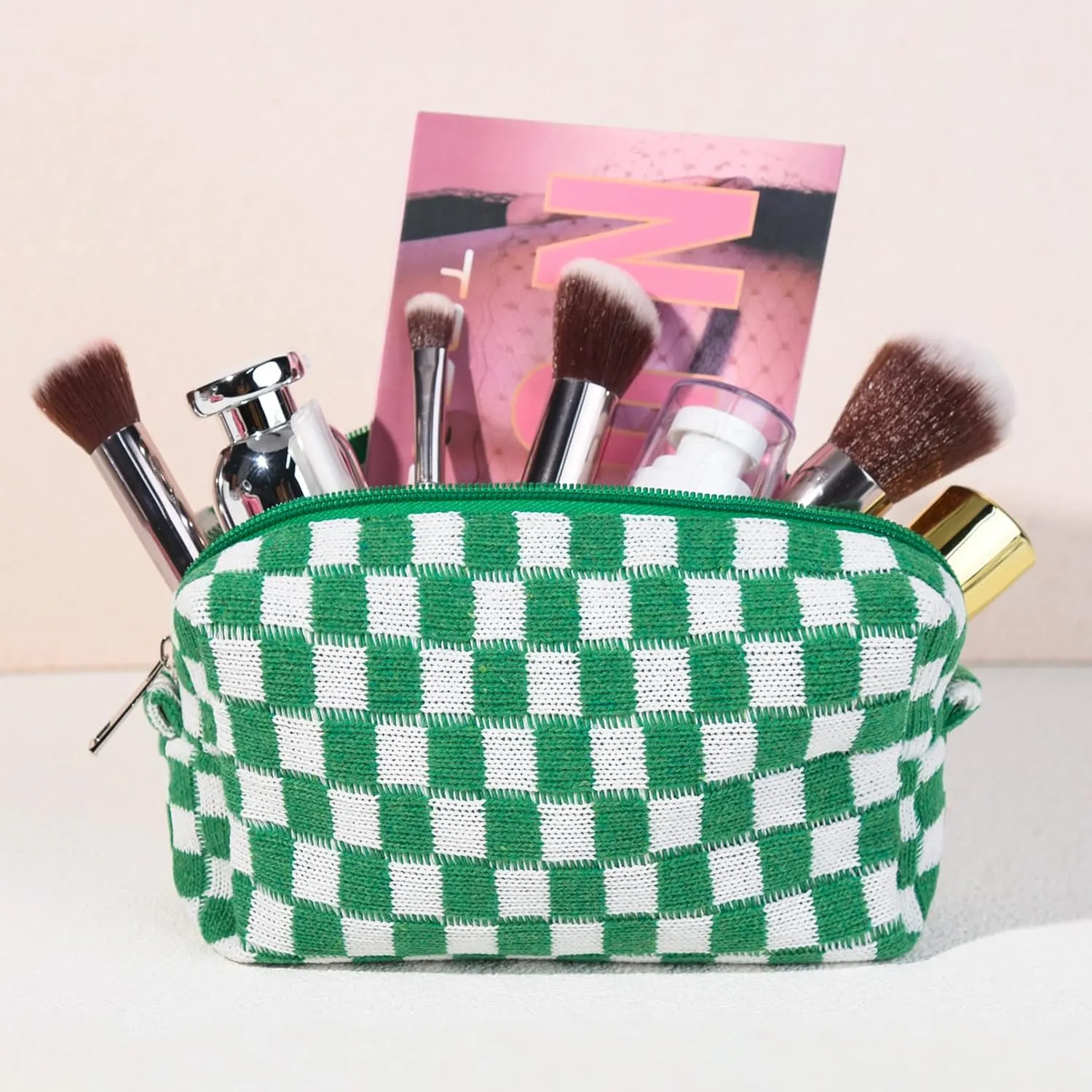 Checkered Makeup Bag Preppy Cosmetic Bag Bulk Green Makeup Pouch Personalize Travel Toiletry Bag Organizer Cute DIY Makeup Brushes Storage Bag for Women