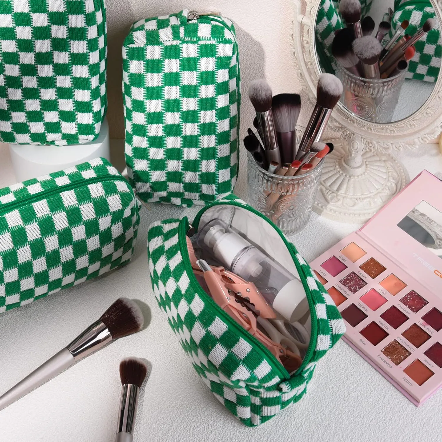 Checkered Makeup Bag Preppy Cosmetic Bag Bulk Green Makeup Pouch Personalize Travel Toiletry Bag Organizer Cute DIY Makeup Brushes Storage Bag for Women