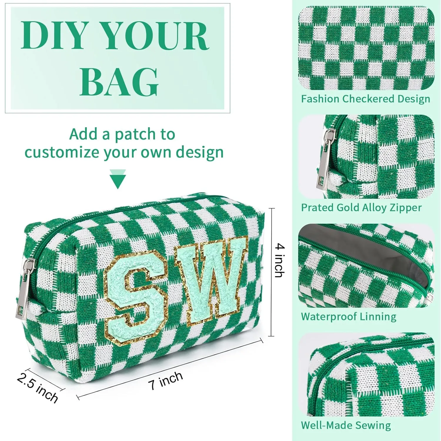 Checkered Makeup Bag Preppy Cosmetic Bag Bulk Green Makeup Pouch Personalize Travel Toiletry Bag Organizer Cute DIY Makeup Brushes Storage Bag for Women
