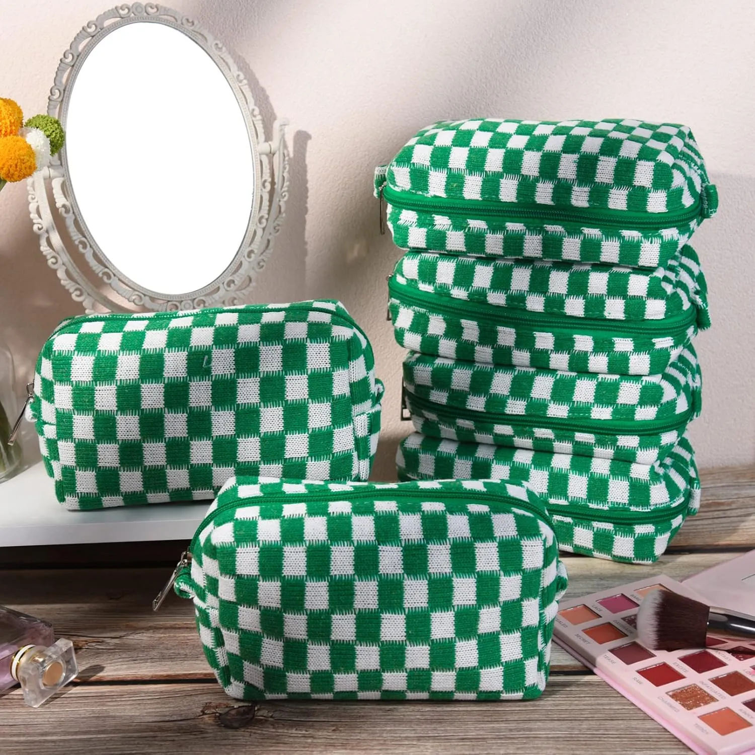 Checkered Makeup Bag Preppy Cosmetic Bag Bulk Green Makeup Pouch Personalize Travel Toiletry Bag Organizer Cute DIY Makeup Brushes Storage Bag for Women