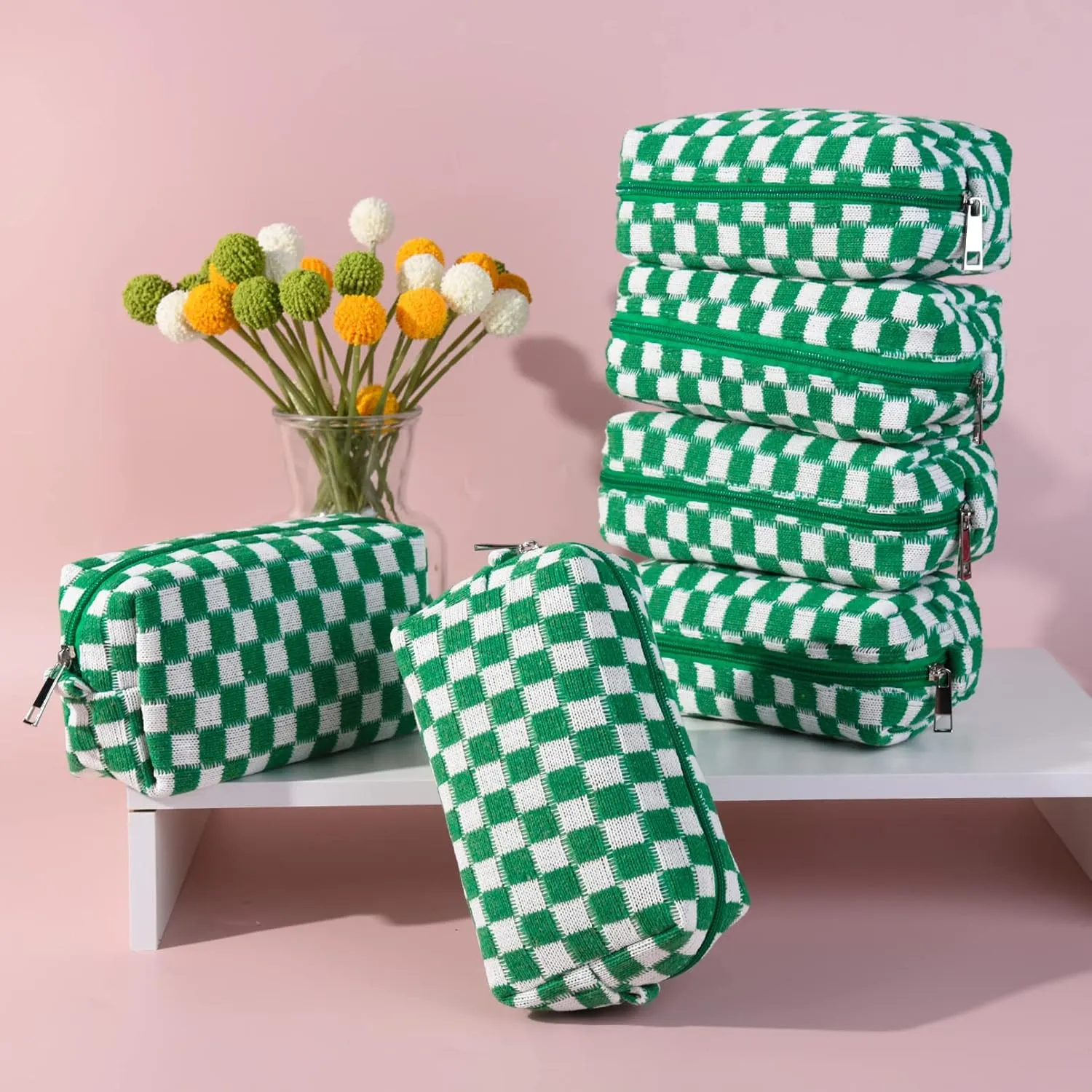 Checkered Makeup Bag Preppy Cosmetic Bag Bulk Green Makeup Pouch Personalize Travel Toiletry Bag Organizer Cute DIY Makeup Brushes Storage Bag for Women