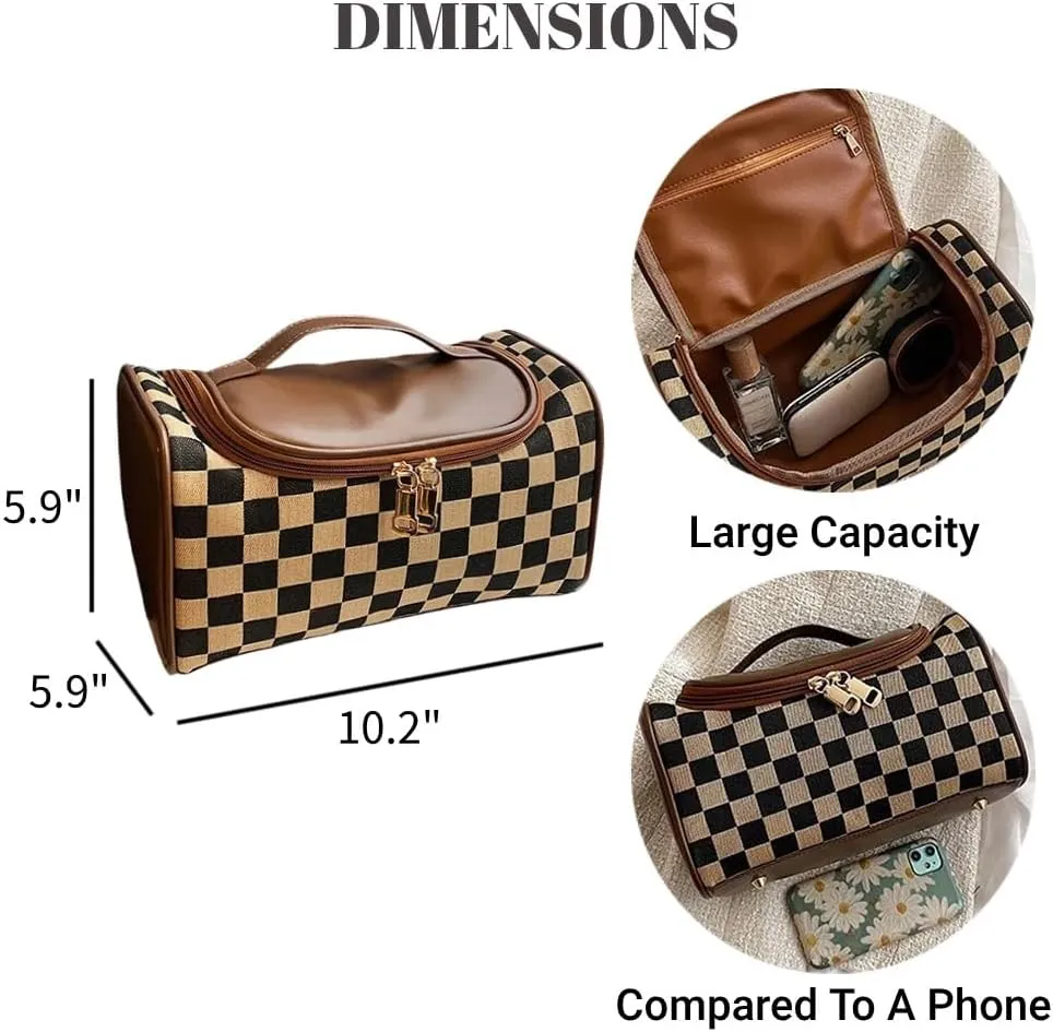 Checkered Makeup Bag Travel Purse Toiletry Bag Women Cute Cosmetic Case Portable Hanging Organizer for Essentials (Brown)