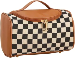 Checkered Makeup Bag Travel Purse Toiletry Bag Women Cute Cosmetic Case Portable Hanging Organizer for Essentials (Brown)