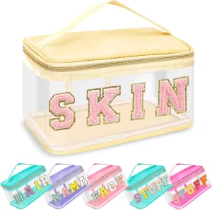 Chenille Letter Patches Clear Makeup Bags Skin Purse Pouch, Preppy Nylon Cosmetic Toiletry Storage Bag with Handle Zipper, Waterproof PVC Portable Makeup Travel Pouch for Women Girls(Beige/SKIN)