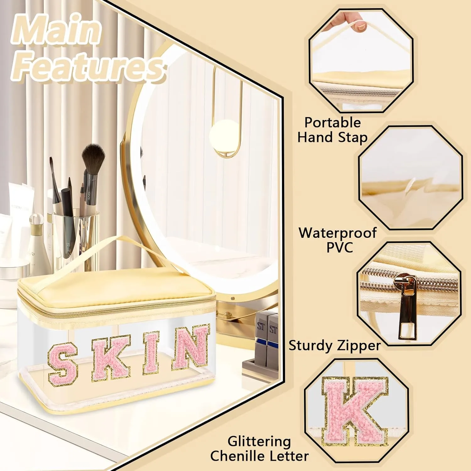 Chenille Letter Patches Clear Makeup Bags Skin Purse Pouch, Preppy Nylon Cosmetic Toiletry Storage Bag with Handle Zipper, Waterproof PVC Portable Makeup Travel Pouch for Women Girls(Beige/SKIN)